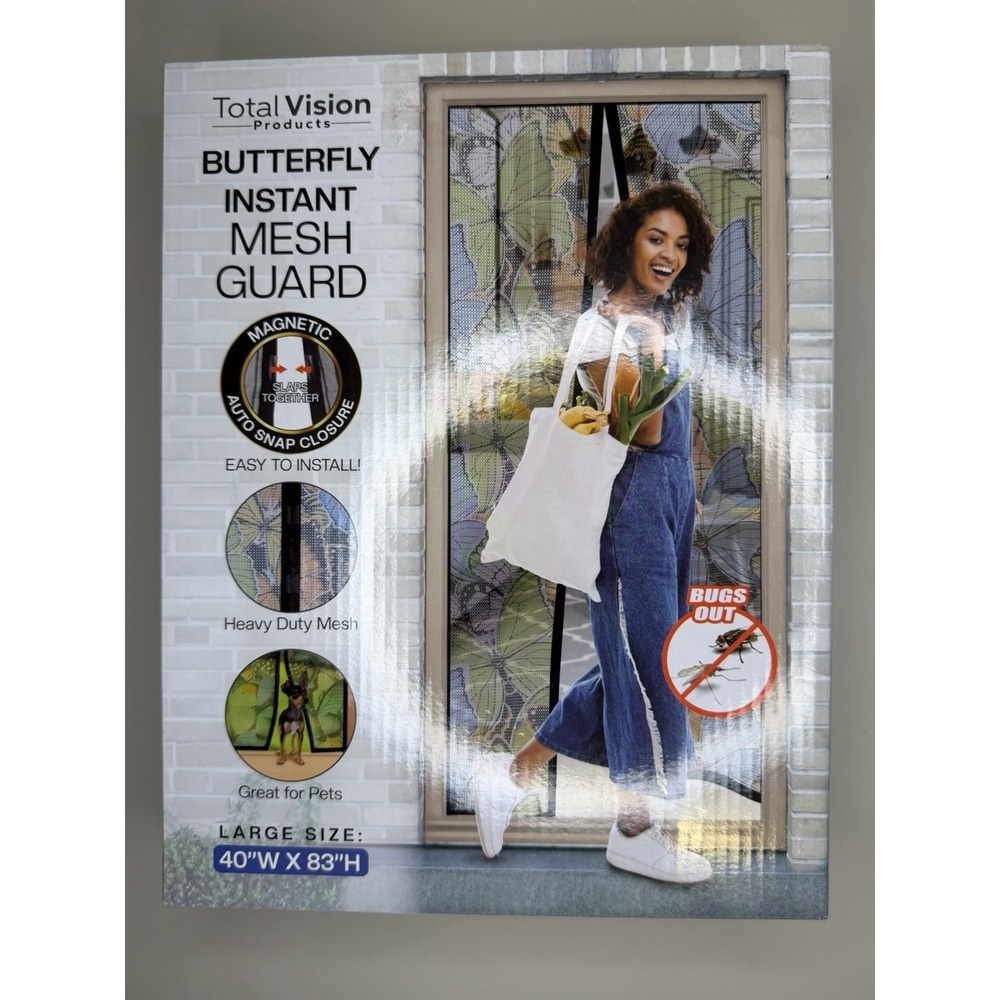 DOORWAY SCREEN MESH GUARD BUTTERFLY DESIGN 40" X 83" MAGNET CLOSURE TOTAL VISION